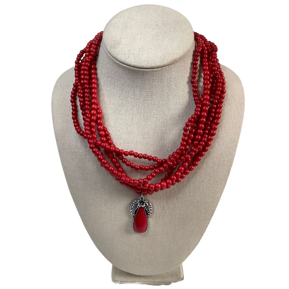 Novadab Red Multi-Strand Beaded Silver Tone Teardrop Pendant Necklace A4-16